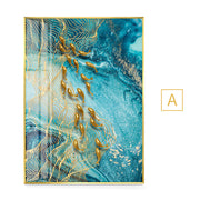 Abstract Gold Fish Canvas Painting Nordic Marble.