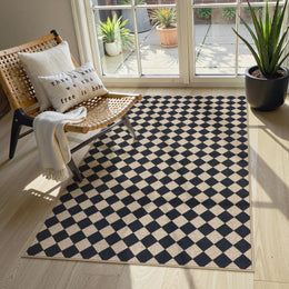VIKAMA Indoor/Outdoor Rug - Black & Beige Checks/Stripes - Weather - Resistant, Non - slip - Patio/Living Room Decor - HomeDecor