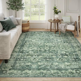 Large Green Rugs for Living Room Boho Rug Vintage Floral Decor Non-Slip Rug Soft Retro Non-Shedding Mat for Bedroom Dining Room